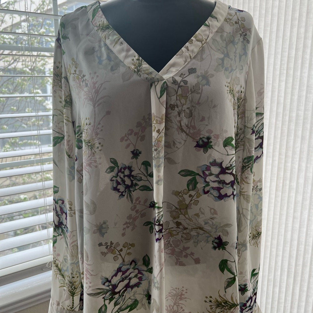 Rose & Olive Cream Floral V-Neck Top with Purple & Green Accents